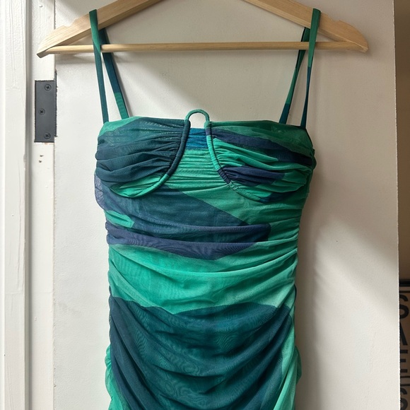 SIR Blue and Green Frankie Ruched Mesh Midi 
Dress - Picture 5 of 7